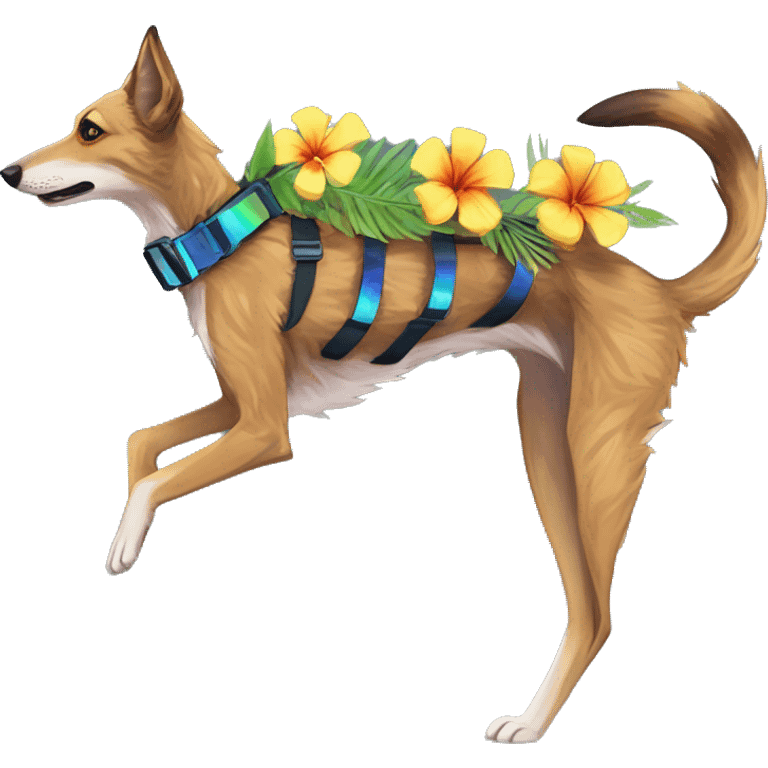  brindle brown black maroon striped lurcher Alsatian fox running blue eyes and iridescent holographic oilslick harness wearing paper iridescent tropical flower crown yellow caution tape emoji