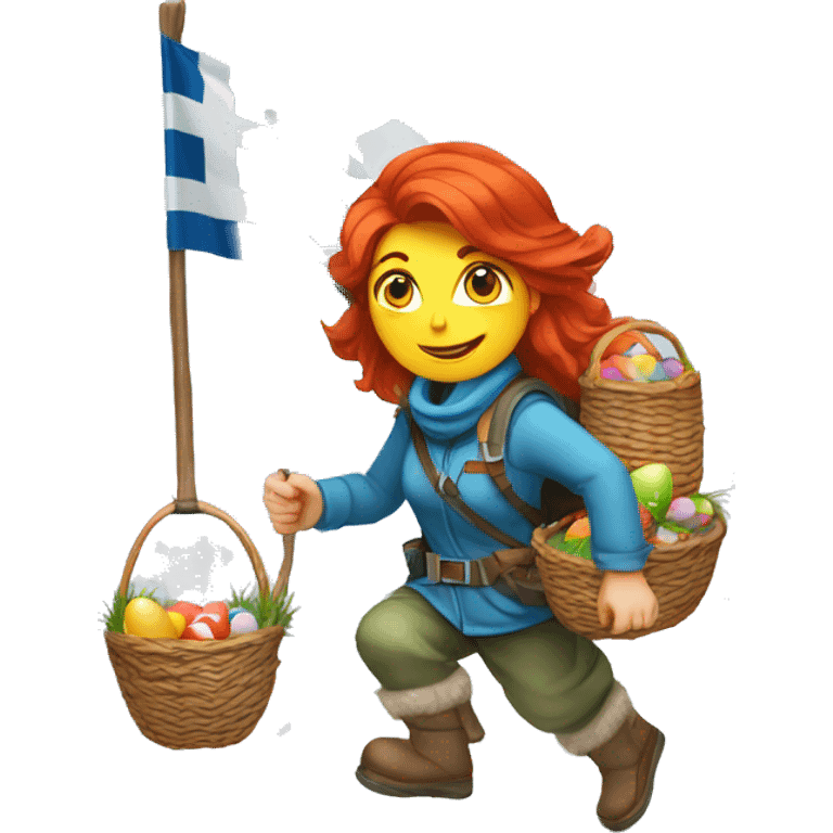 red hair female winter mountaineer climbing with Easter eggsbasket and Greek flag emoji