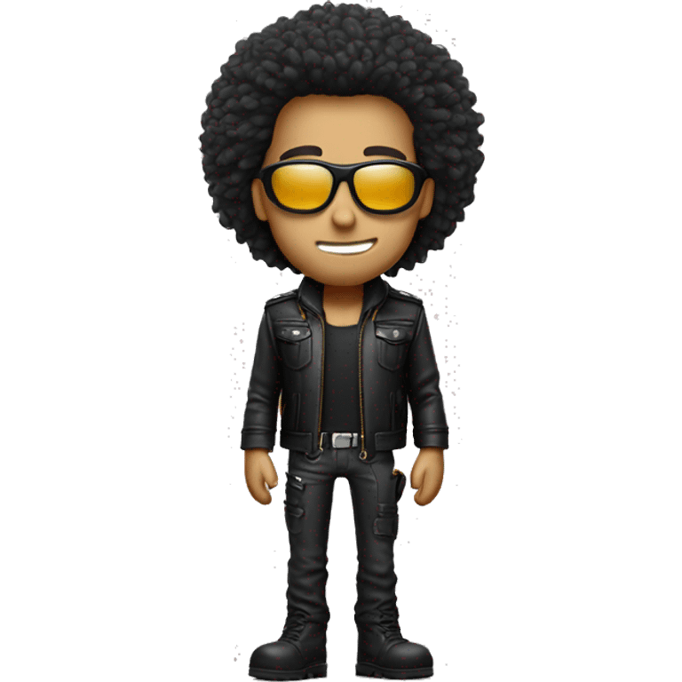 Big hair, slender face, eyes look like as he’s high, cool leather jacket with cargo pants and accessories emoji