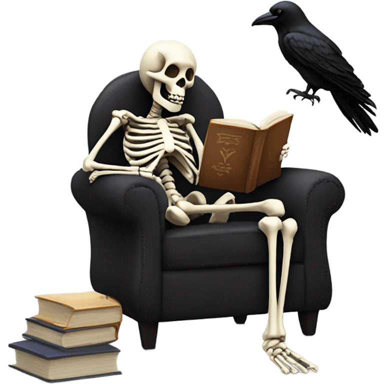 Skeleton reading a book  while sitting on fluffy chair and a raven emoji