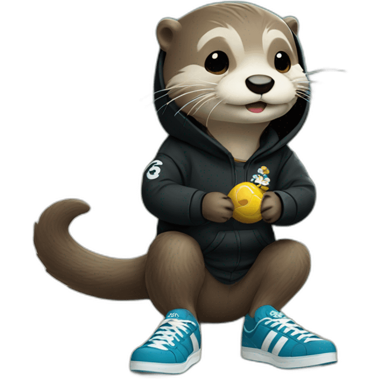 otter in black adidas hoodie playing with a yorkshire emoji