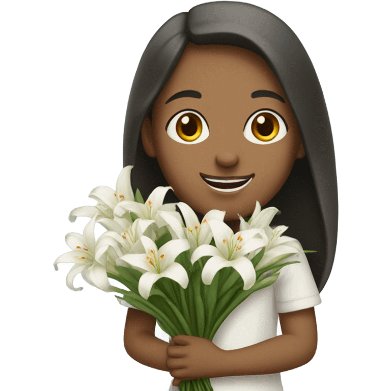 a blind girl holding a bunch of white lily smiling emoji