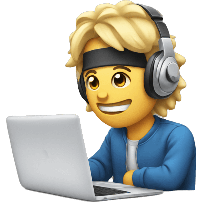 2d emoji working on laptop with headphones emoji