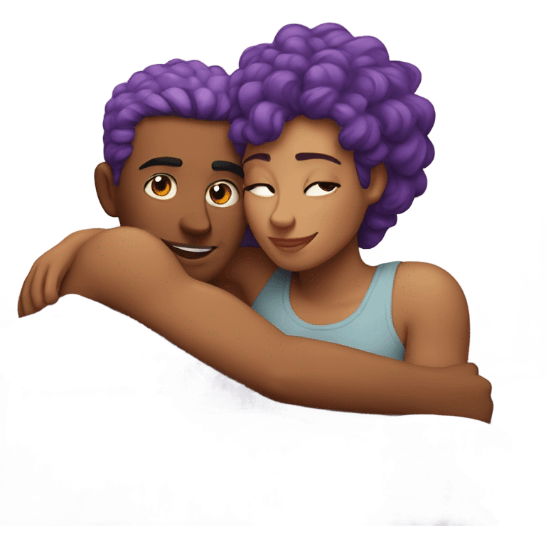 Purple haired girl and boyfriend cuddling in bed emoji