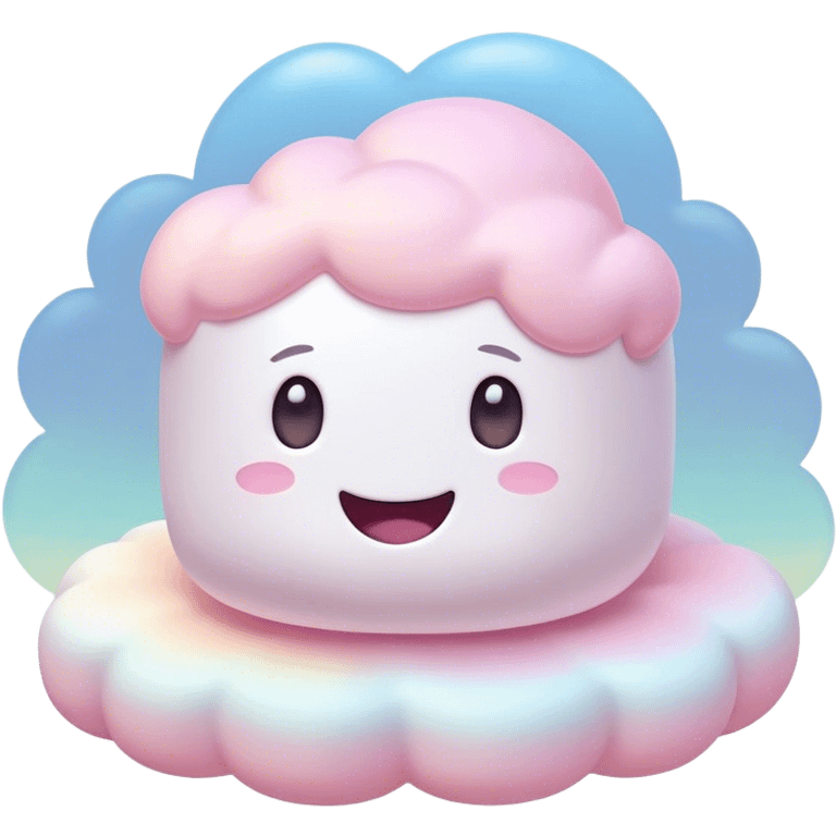 Cinematic fluffy pastel marshmallow character, soft round edges, tiny sparkly eyes, a small happy smile, glowing warmly, floating in a dreamy soft sky. emoji