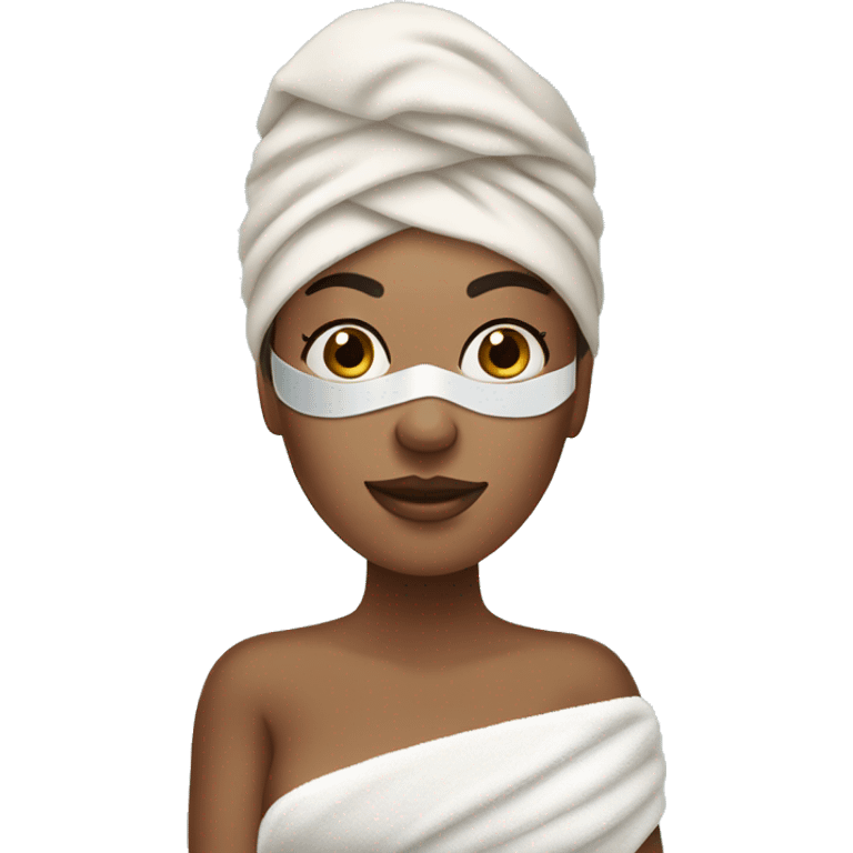 Medium skin tone women on a spa day with a towel and under eye mask emoji