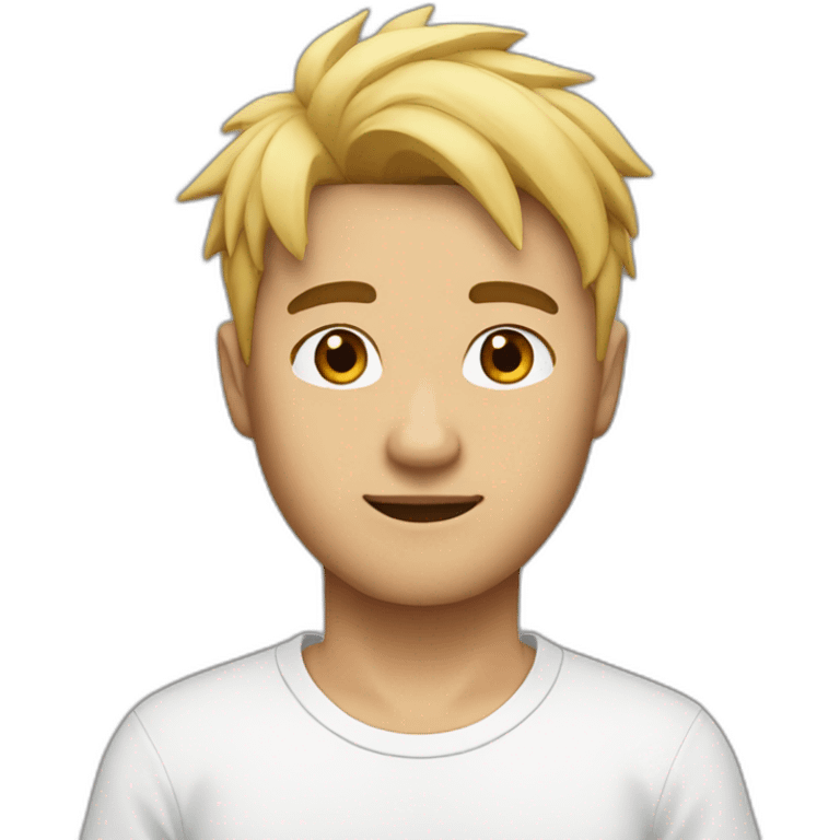 asian guy with blonde hair and black roots, white tee shirt with fox logo emoji