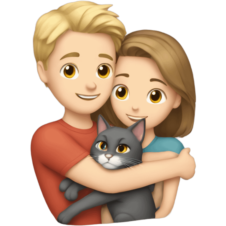 White girl and boy hugging their cat emoji