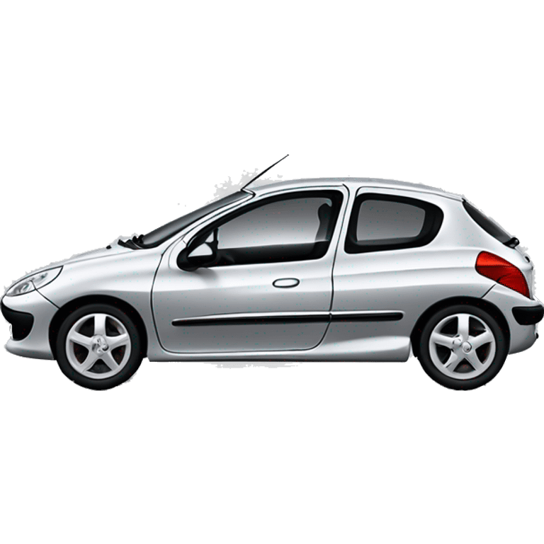 A Peugeot 206 car with 4 doors in light grey color with tinted window and white wheel rims emoji