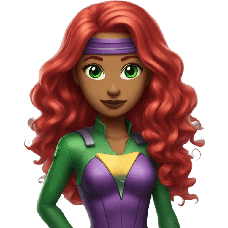 dc comics starfire firey red hair; purple and silver outfit;  emerald green eyes emoji