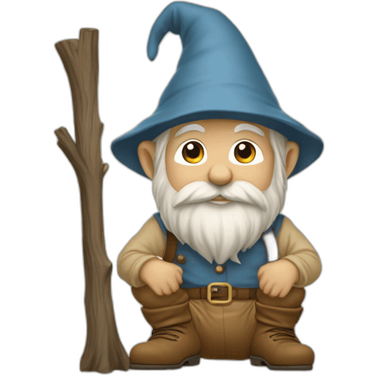 side view of gnome with light tan pants and light tan boots squatting in front of small brown log emoji