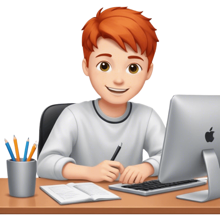 Redhead college programmer boy sitting at a desk and smiling emoji