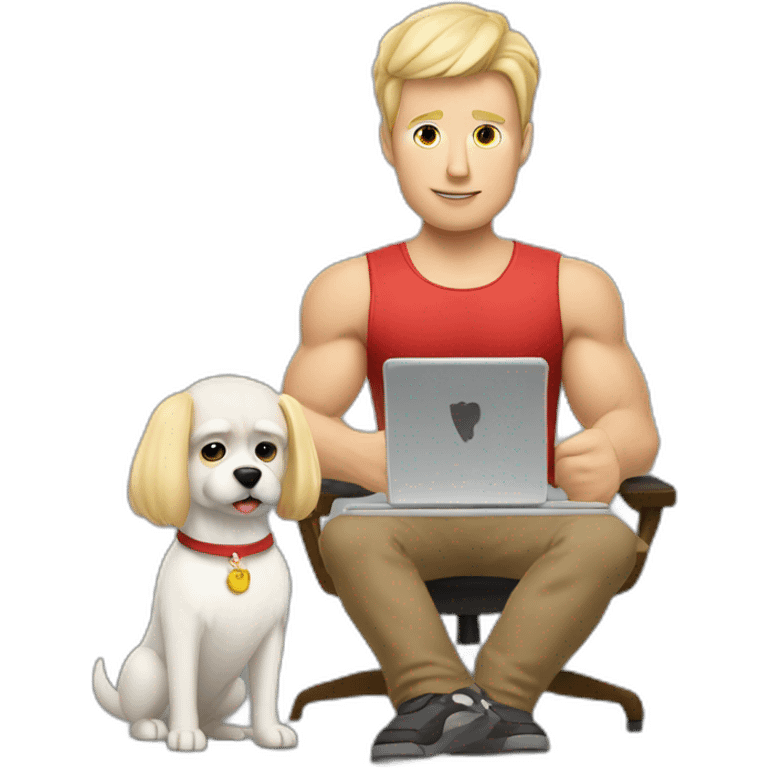 blonde muscly danish man with computer and poker and a small white dog emoji