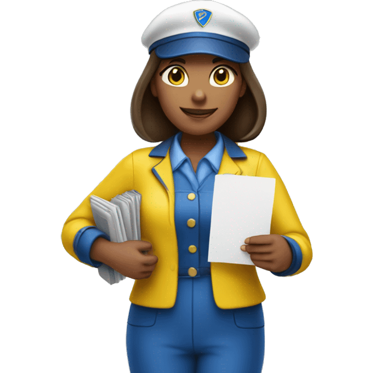 close shot of a postwoman wearing a yellow and blue uniform, holding letters in her hand emoji