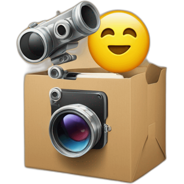 Video icons, movie camera, film, play, logos, likes, thumbs up, marks, views, coverage, applause fly out of a Cardboard box emoji