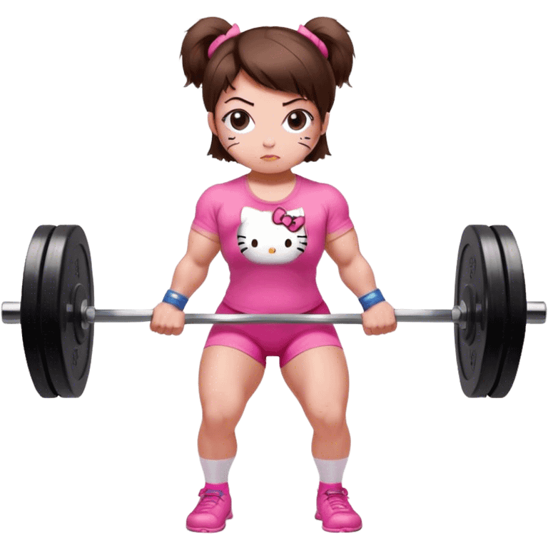 A strong female powerlifter with short brown hair performing a deadlift. She wears a pink Hello Kitty t-shirt and has small bruises on her legs. Her expression is focused and determined as she lifts the heavy barbell in a gym setting. The atmosphere is intense, highlighting her strength and dedication. emoji