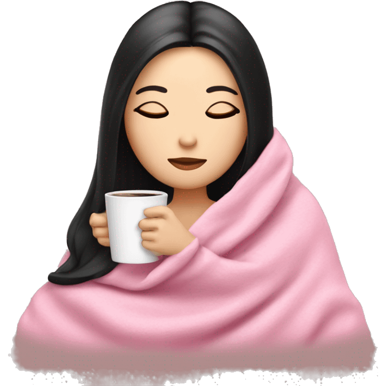 white girl with black straight hair inside a pink blanket sipping coffee eyes closed emoji