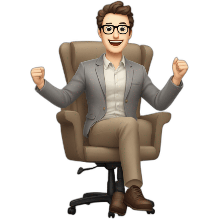 Joyful Celebrating victory Hands up Pale skinned Fit Man With dark brown hair in gray jacket, beige office shirt, Brown pants and vintage glasses sitting In a soft chair emoji