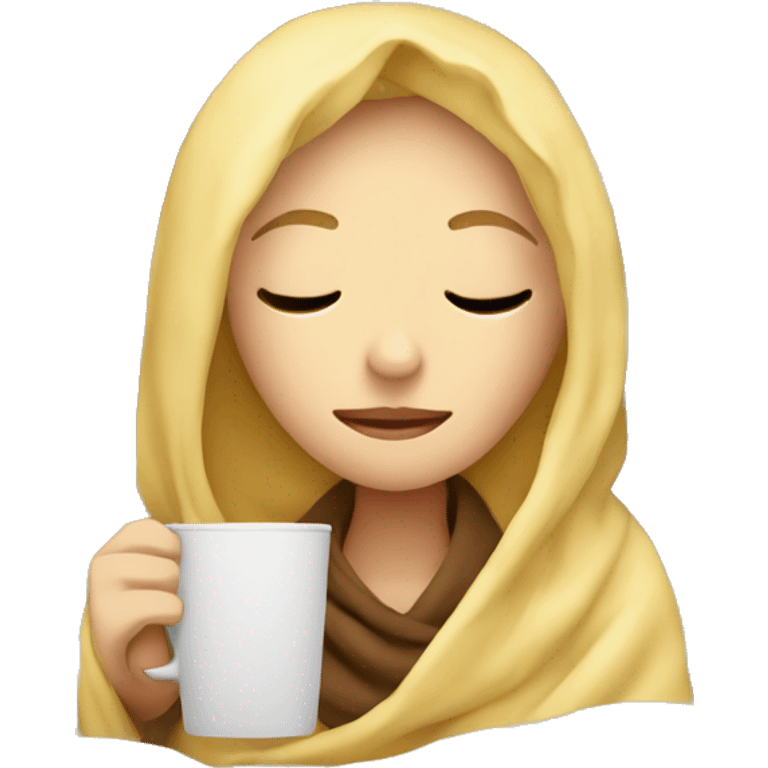 Blonde inside a blanket sipping coffee eyes closed emoji