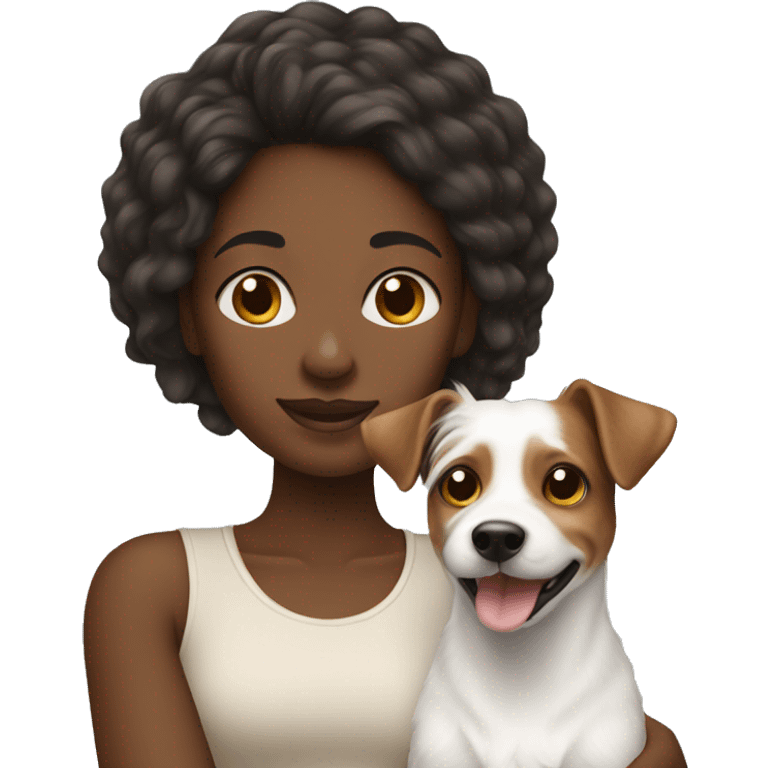 Black woman with long hair holding jack Russell terrier emoji