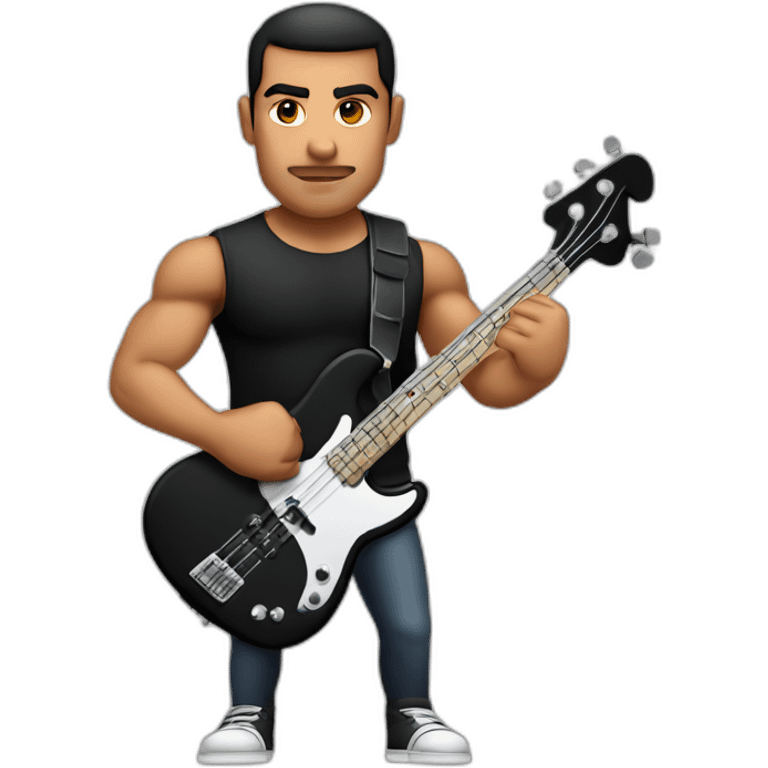 muscular latin man, serious, square head, wearing black shirt, playing electric bass emoji