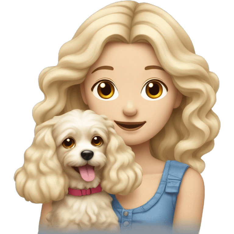 blonde long wavy hair girl holding a cute maltipu dog with short ears wavy fur emoji