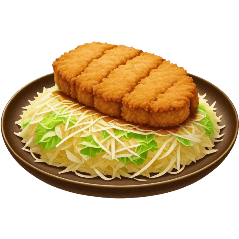 Cinematic Realistic Tonkatsu Dish Emoji, featuring a golden, breaded pork cutlet served with shredded cabbage rendered with rich textures and vibrant, dynamic lighting. emoji