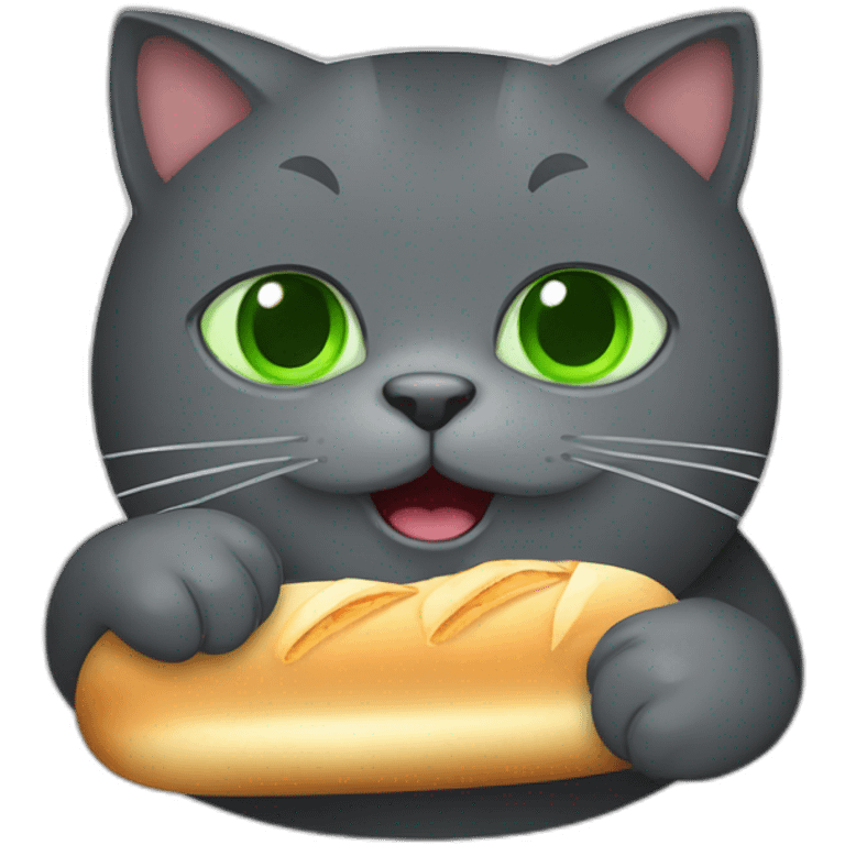 happy dark grey fat cat with green eyes eating a baguette emoji