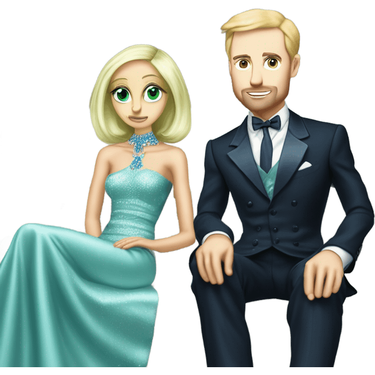 light green skin alien blonde woman in long slim pastel blue formal party satin dress with gradient shiny sparkling navy blue diamonds embroidered , and caucasian man in black dress, sitting on a white couch  emoji