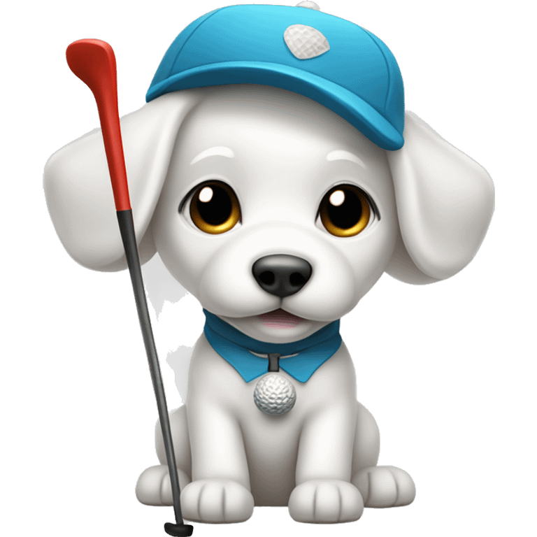 White bolognese puppy swinging a golf club and wearing golf attire emoji