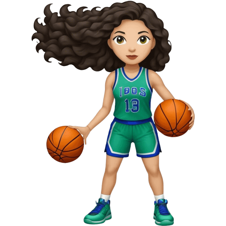 full figure light latino women basketball player with wavy dark hair wearing blue and green uniform emoji