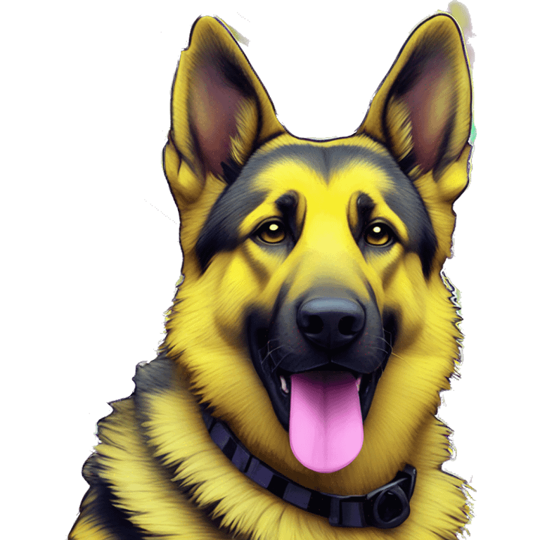 .Zombie_ Vaporwave black holographic oilslick zombie yellow German shepherd dog yellow caution tape graffiti stripes iridescent blue purple yellow stripes emoji