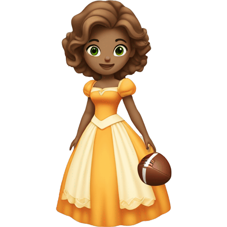 White Disney princess Belle with green eyes in orange and white dress holding a football emoji