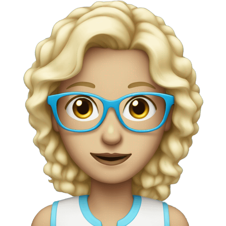 Beautiful Blond with glasses, bright blue eyes, cell phone emoji