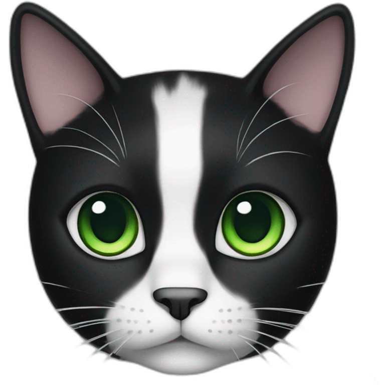 A black cat with green eyes with a white mustache, a white stripe on its nose, a full-length white breast and white paws emoji