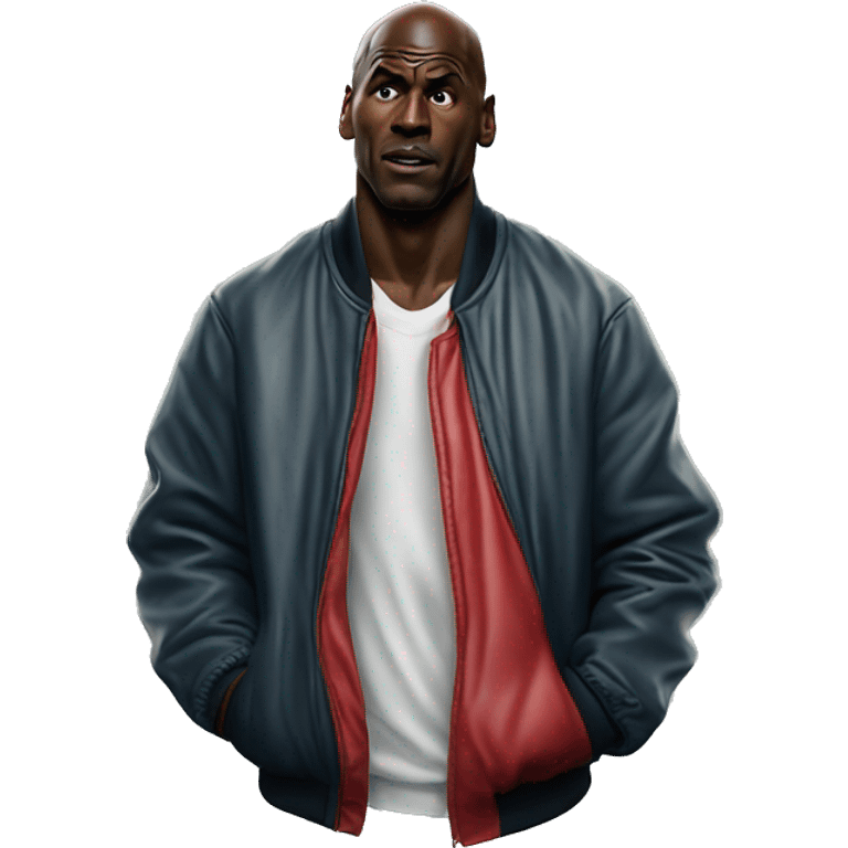 Michael Jordan in a jacket holds his head and is sad photorealistic serious emoji