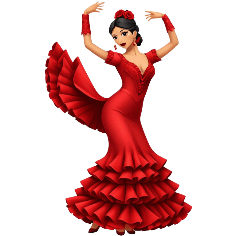 Cinematic Realistic Flamenco Dance Emoji, depicted as a passionate expressive flamenco performance with dramatic costumes and dynamic fiery movements, rendered with vibrant textures and bold energetic lighting that captures its intense rhythm. emoji