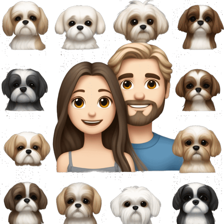 A couple, one very beautiful white  girl with very long volume dark blond hair and one white boy with perfect brown hair that hugs her and also hugs two little dogs shih tzu black and white emoji