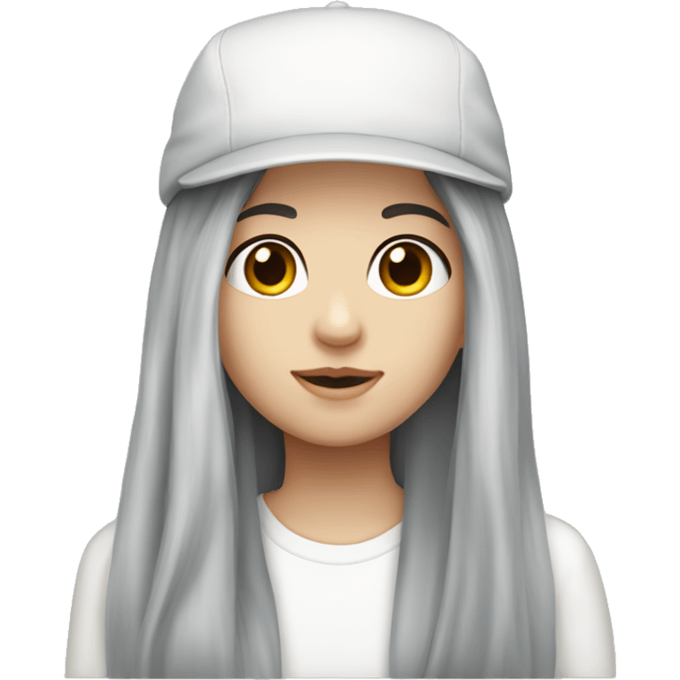 A pale girl with long black hair and hazel eyes with a withe cap emoji