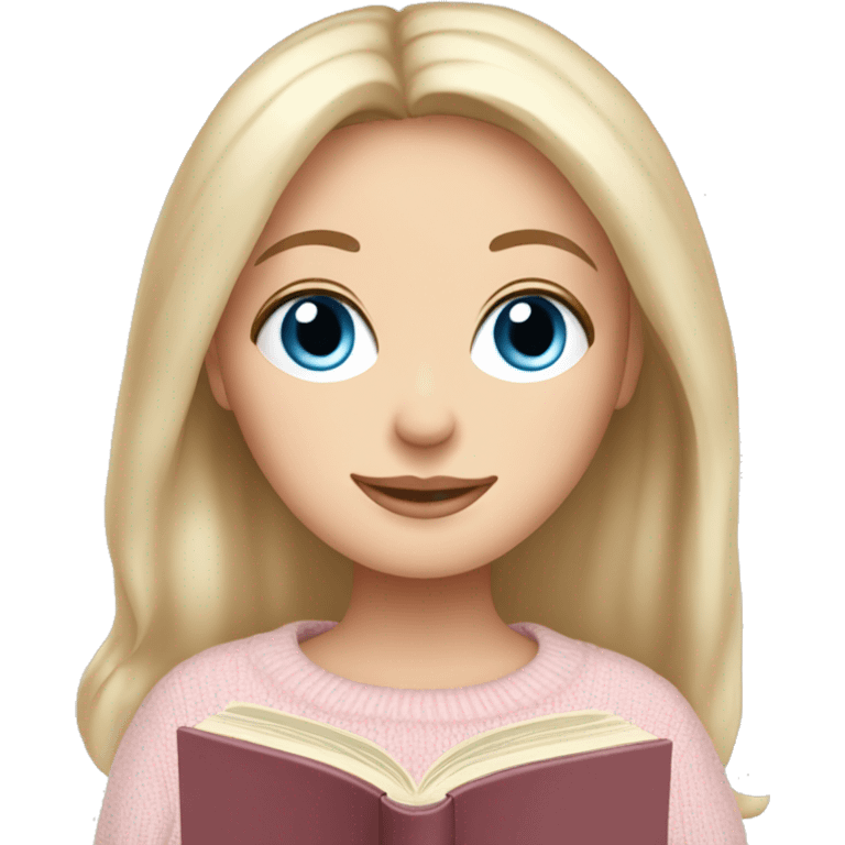 Pretty blue eyed white girl with light pink sweater reading cozy emoji