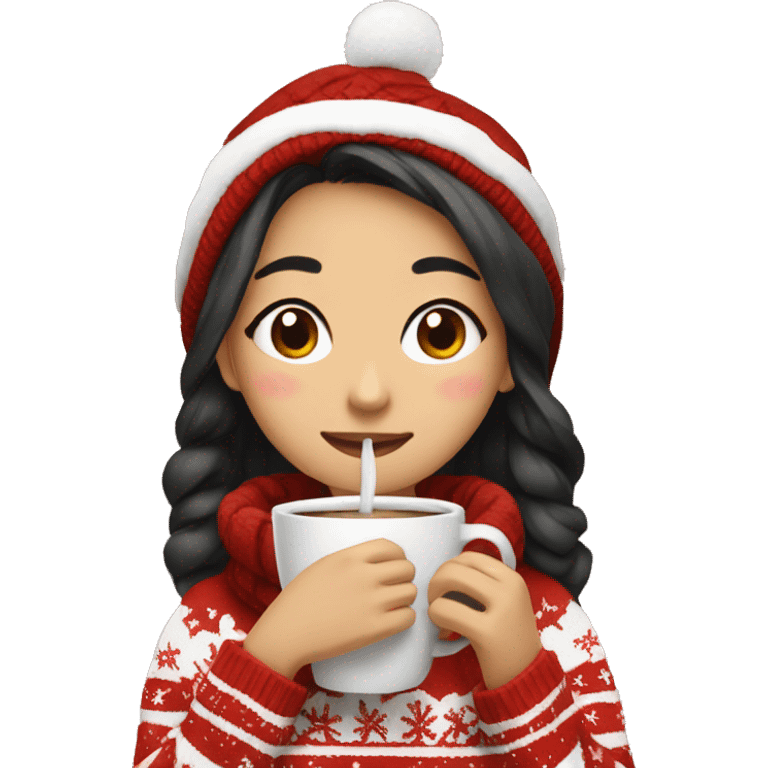 asian girl drinking coffee wearing Christmas sweater emoji