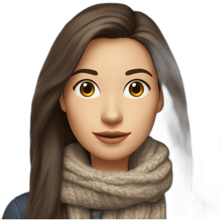 white female data science engineer with dark brown straight long hair in a tech startup wearing woolly scarf and wearing a coffee mug - only headshot emoji