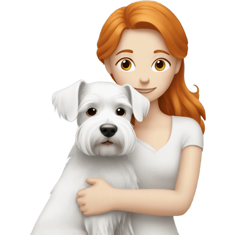 Ginger haired girl hugging small white schnauzer emoji