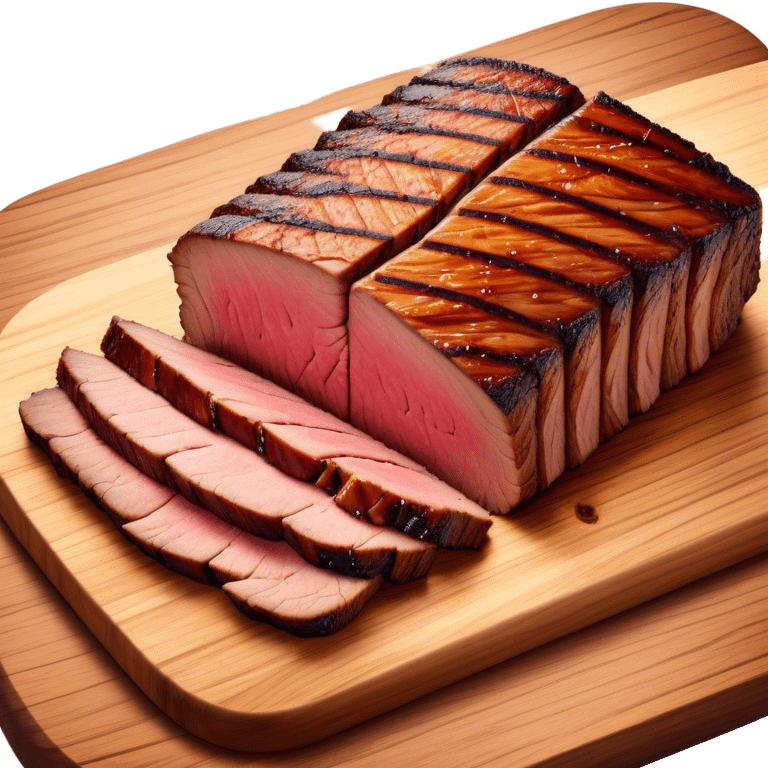 Cinematic smoked brisket, deep mahogany crust, perfectly sliced to reveal juicy marbled meat, warm smoky aroma, served on a wooden board, rich and flavorful, ultra-detailed and appetizing. emoji