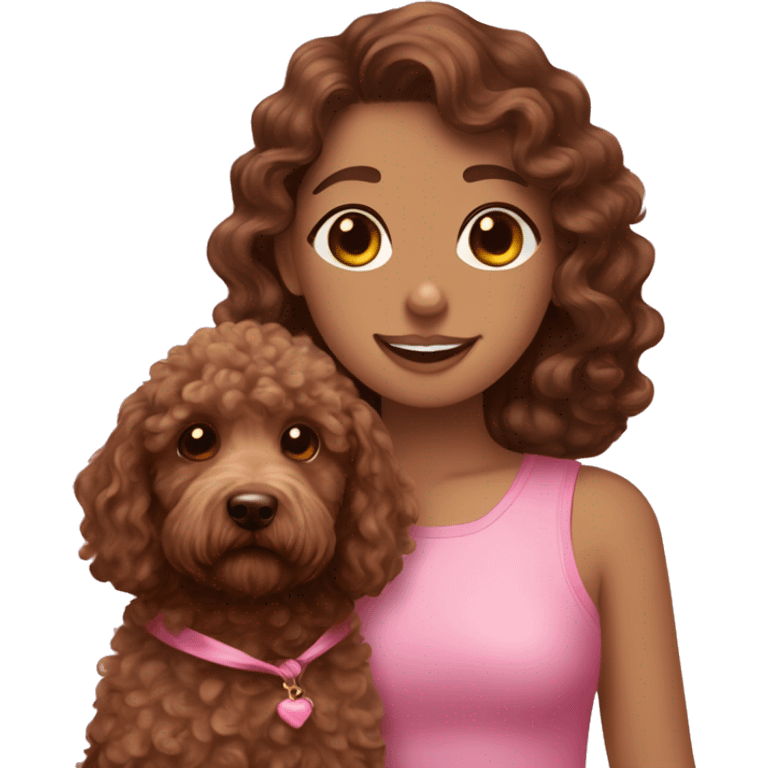 aesthetic pink girl with curly brown hair, a bow in her hair & a cute brown labradoodle  emoji