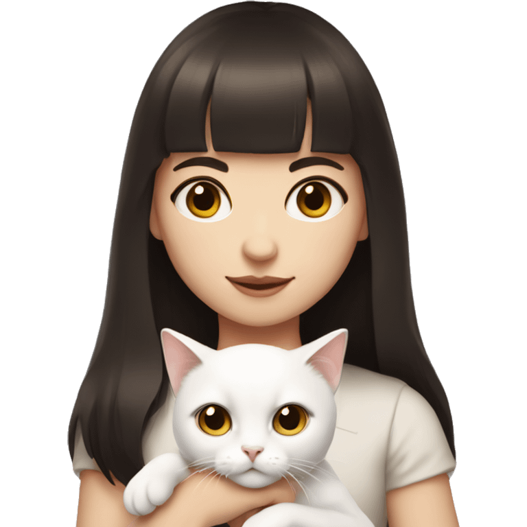 A pale girl with dark brown hair and dark brown eyes and bangs holds a white cat in her hands emoji