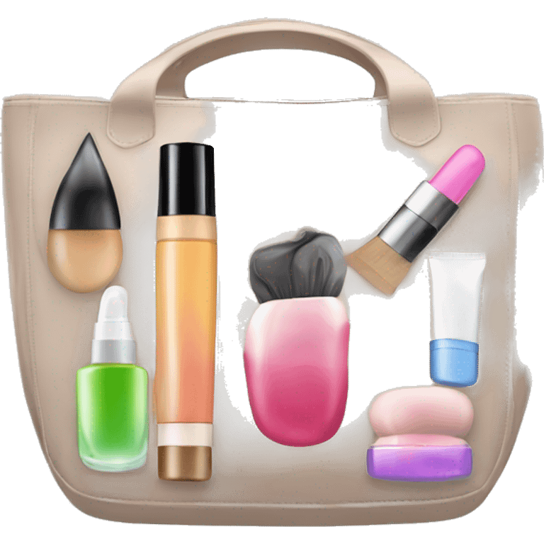 a bag containing cosmetics. some cosmetics peeking out of a cosmetic bag emoji