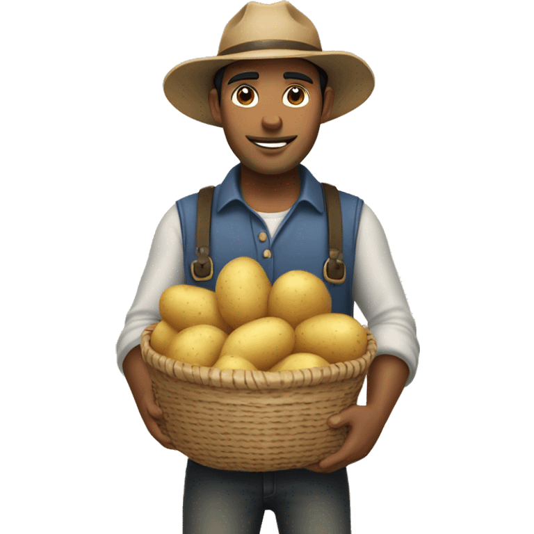 Less Brown handsome guy with black hair wearing farmer's hat and holding a basket full of potatoes emoji