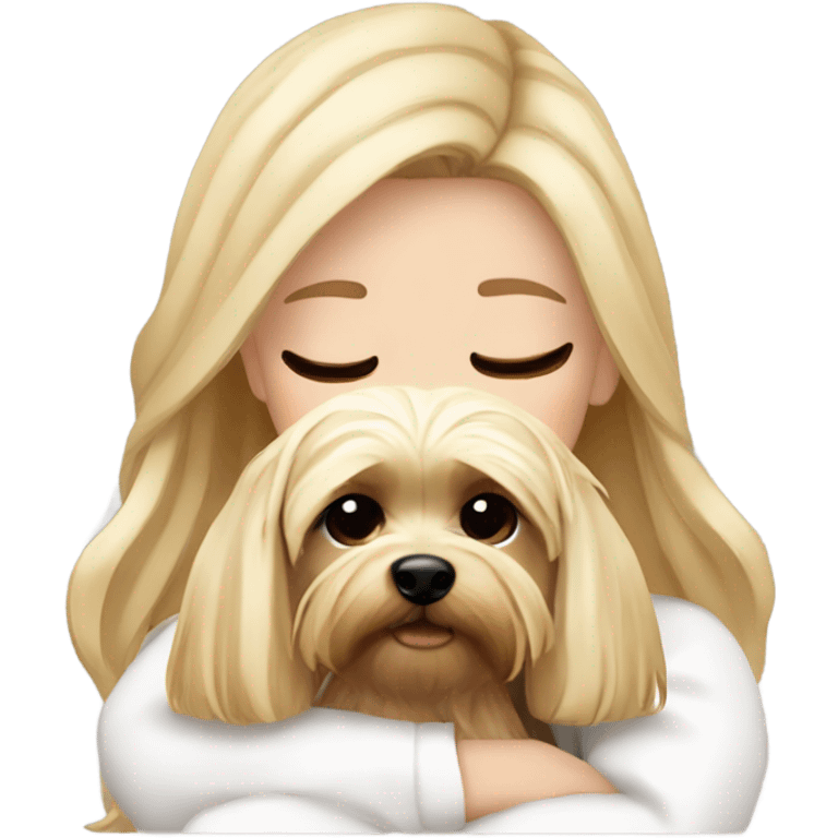 White girl blonde hair closed eyes white sweater hugging Yorkshire terrier  emoji