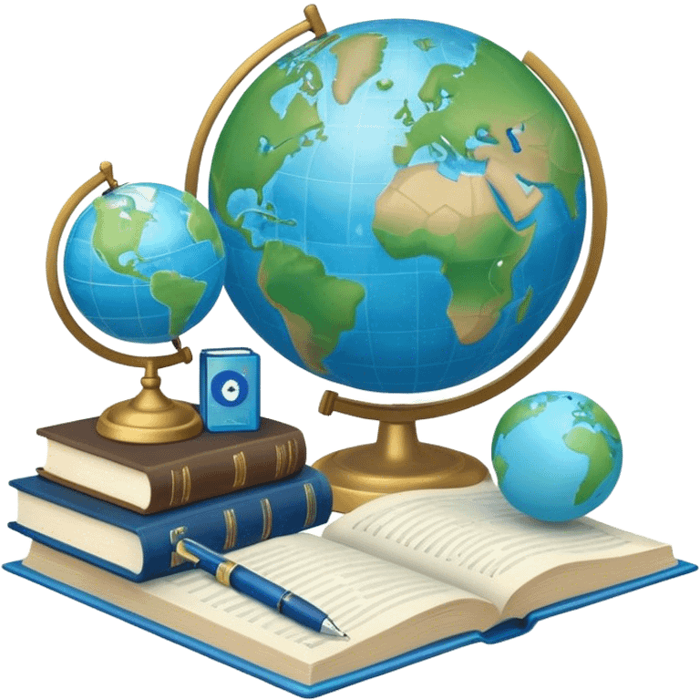 Create an emoji representing language translation. The design should feature a globe in the background, symbolizing international communication. In front of the globe, place two books or sheets of paper with texs on them and a pen nearby to indicate the act of writing. Use a clean and professional color palette with blues, greens, and neutral tones. Make the background transparent. emoji